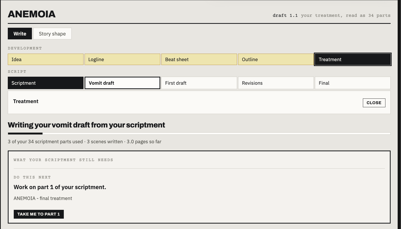 Writers Room 2.0 — Write view, scriptment progress and next action