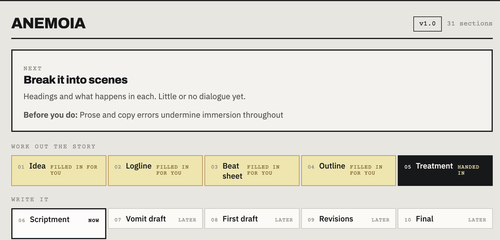 Writers Room 2.0 interface — Anemoia project showing the story phases and next-step card